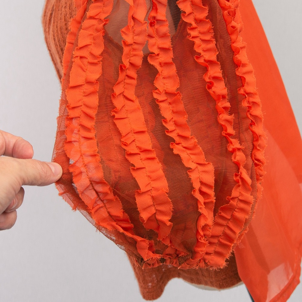 Boho sheer cutout balloon sleeve top 3/4 length sleeve rust orange Ryu S fall - Picture 7 of 10